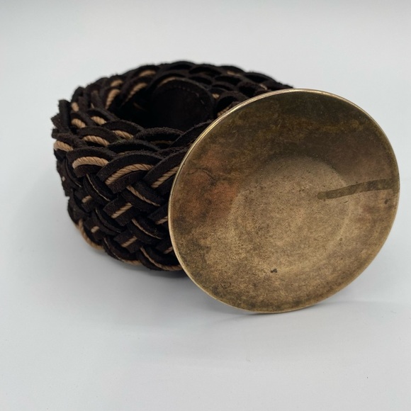 GAP Braided Brown & Tan Leather Woven Statement Belt with Shield Buckle Sz S - Picture 2 of 10